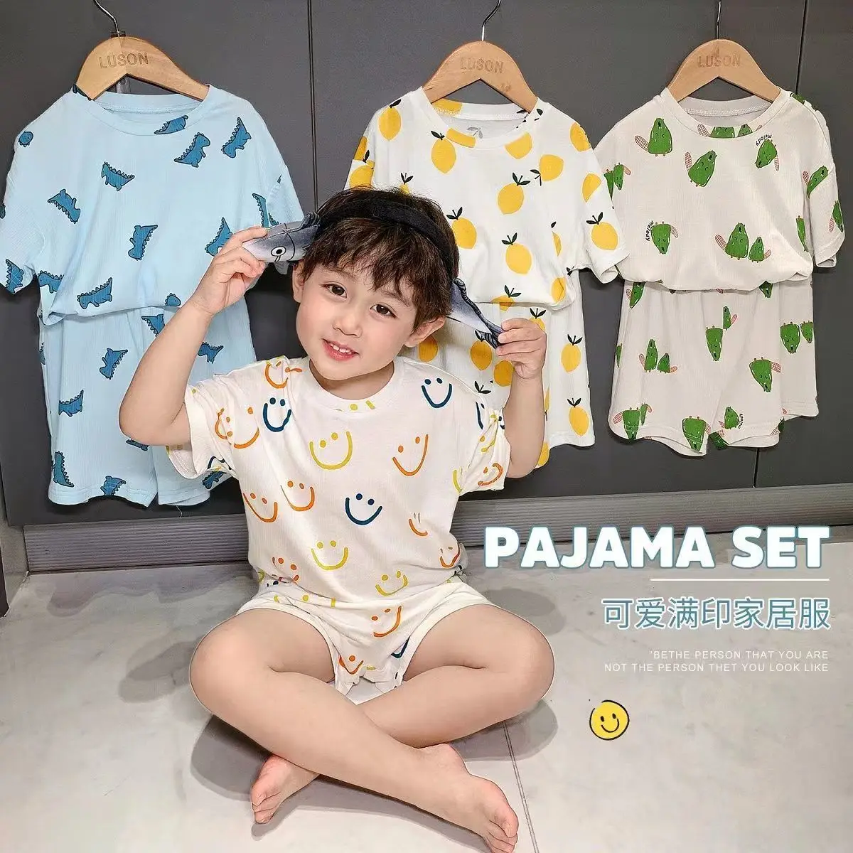 Ice Silk Summer New Set for Boys and Girls, Short-Sleeved Home Wear, Full-Print Pajamas for Small and Medium-Sized Children, Comfortable and Cool Two-Piece Set
