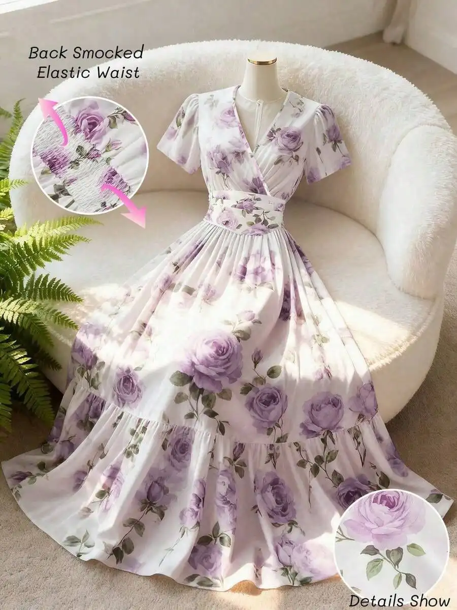 

Women's Floral Rose Print V-Neck Waist A-Line Short Sleeve Dress, Elegant For Daily, Vacation, Commute, Valentine's Day Date, French Street Style, Vintage, Party, White Base With Pink Rose Pattern