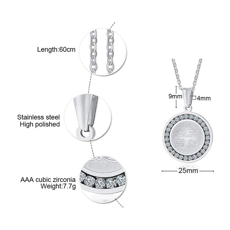 4 Qul Necklace Pendant Men Muslim Islamic Hajj Umrah silver color CZ Stone Jewelry