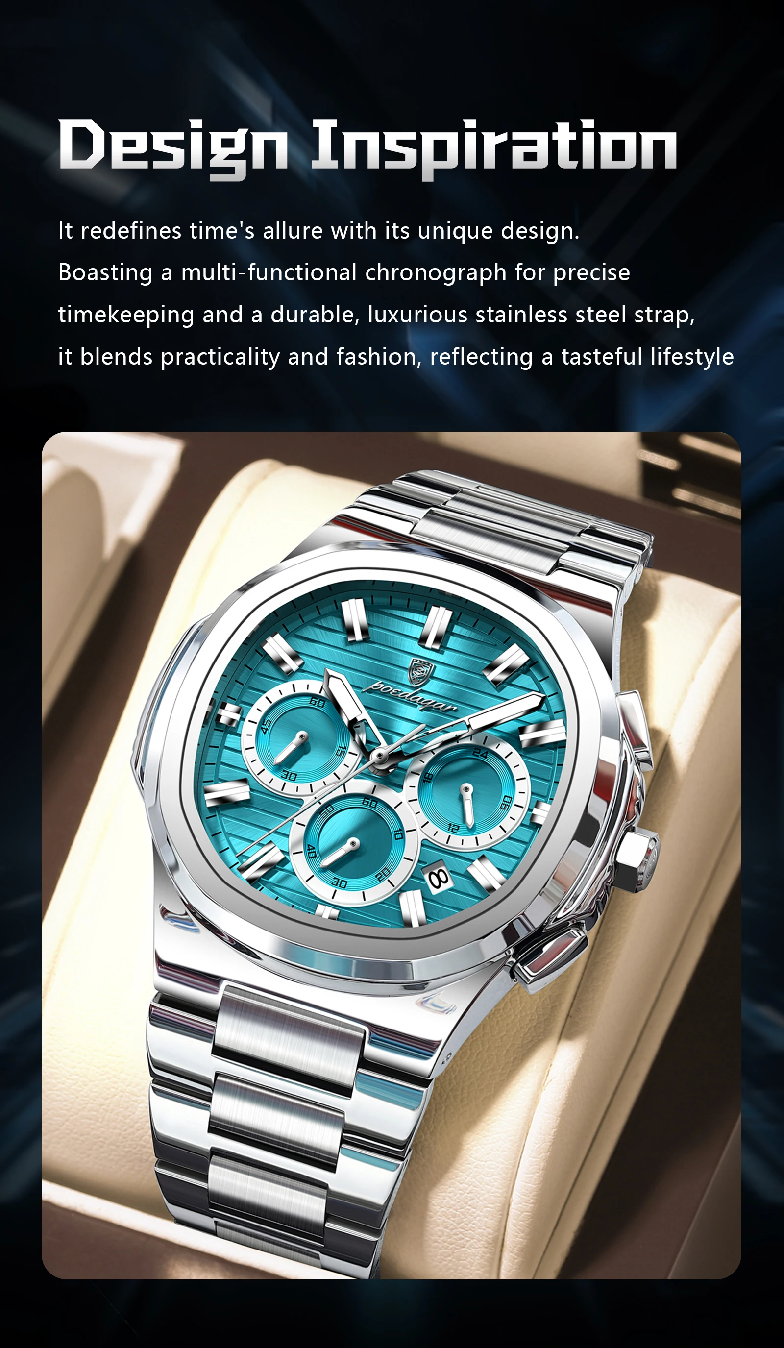 POEDAGAR Top Business Herrenuhr Leuchtend Wasserdicht Edelstahl Herren Armbanduhr Chronograph Datum Quarz Mode Herrenuhren – Detail 3