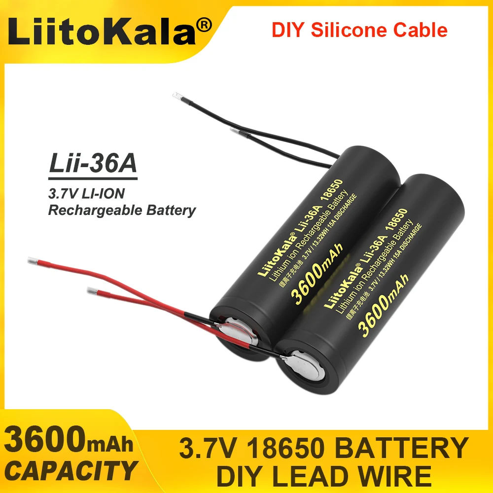 LiitoKala 100% New Original Lii-36A 18650 Li-ion Rechargeable battery 3.7V 3600mAh batteries DIY Silicone Cable