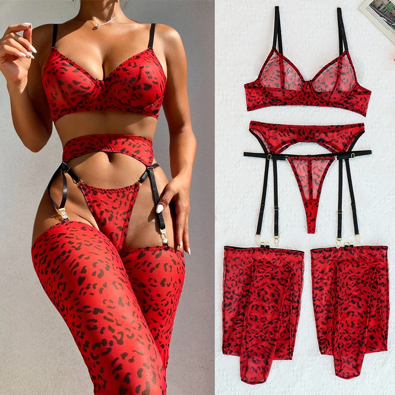 Red Leopard Push Up Bikini Sexy Perspective Pole Dance Bodysuit Gogo Costumes Women Clubwear Dj Ds Stage Rave Outfit XS6135