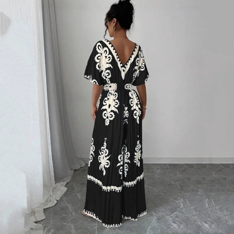 Jumpsuit Wanita Kasual Terbaru, Kerah V Dalam Tanpa Punggung, Model Serbaguna, Lengan Pendek, Kombinasi Cetak, Pinggang Tinggi, Kaki Lebar