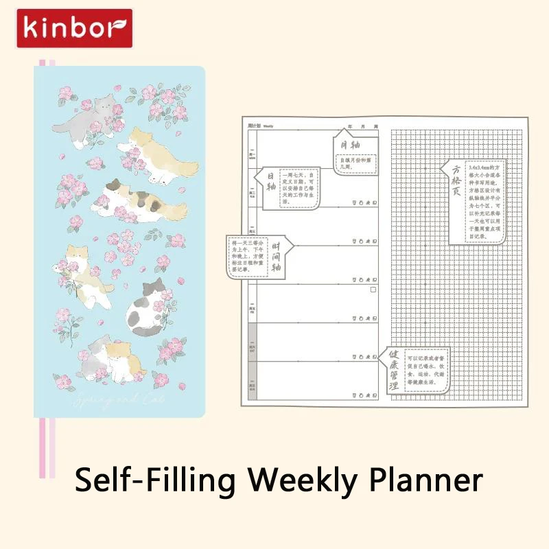 Kinbor Original'Week'Journal Planner Notebook, notes w twardej oprawie z uroczymi ilustracjami i możliwością samodzielnej wymiany wkładów, idealny do Studygram.