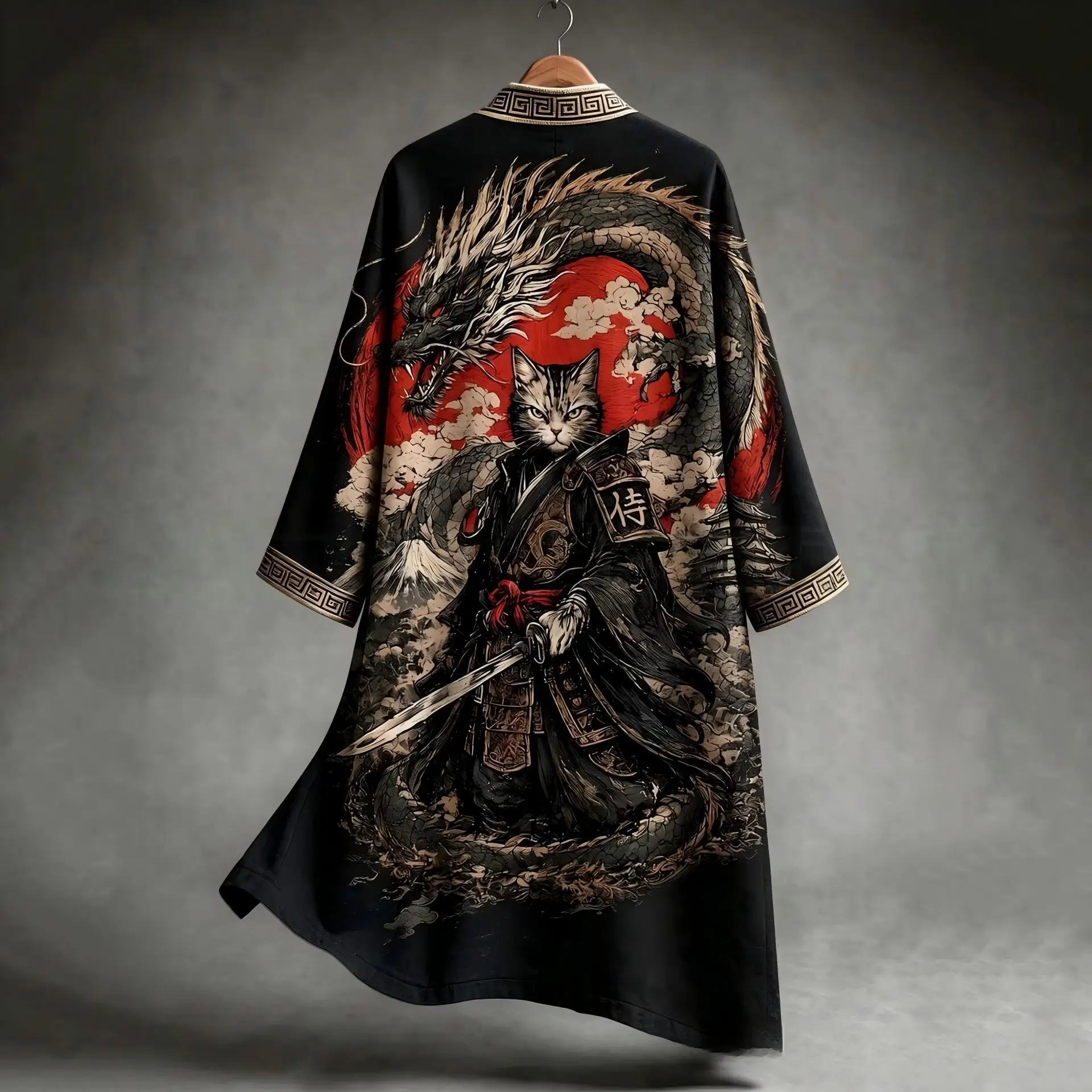 Summer Men's Long Chinese Style Crane Print Hanfu Open Cardigan Trendy Japanese Kimono Coat Casual Shirt Floral Pattern