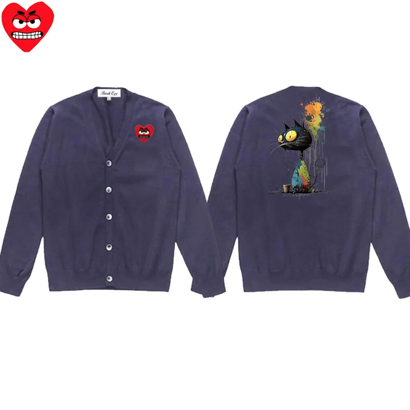 Cartoon Cat Printing Men Cardigan Cotton Cool Snag Heart Embroidery V-Neck Single Breasted Long Sleeves Autumn Fit Sweater