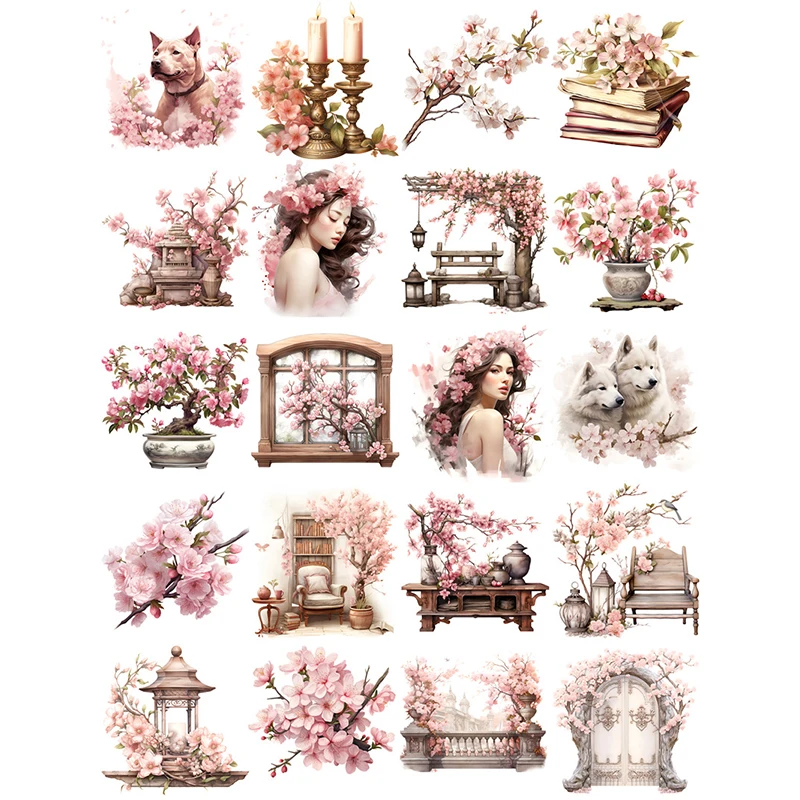 20Pcs/Pack Romantic Sakura Cherry Sticker DIY Craft Scrapbooking Album Junk Journal Decorative Stickers