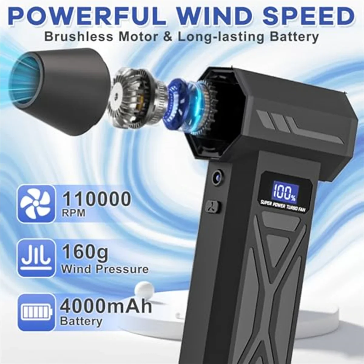 Powerful Turbo Jet Fan 110000RPM Cordless Air Blower 4000mAh Battery Brushless Motor for DIY Crafts Drying Car Cleaning Home Use