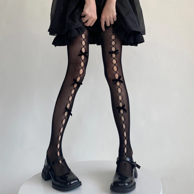 Women\'s Three Bowknot Tights Hollowed-out Fishnet Stockings Mesh Summer Thin Velvet Bow Lolita Japanese Y2k Girls Pantyhose