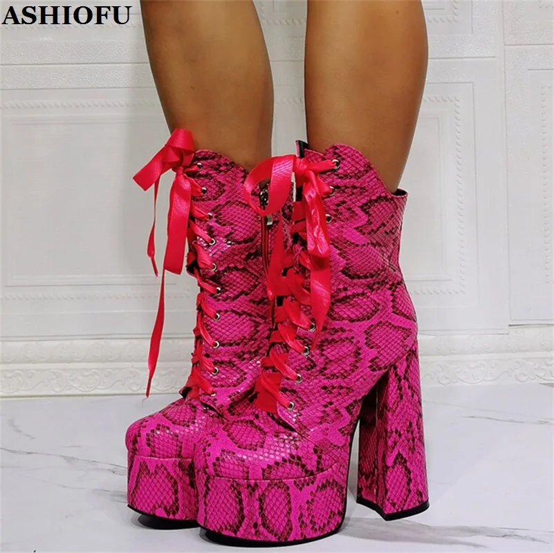 

ASHIOFU New Real Photos Wholesale Ladies Chunky Heels Ankle Boots Crisscross Shoelace Platform Booty Evening Fashion Prom Shoes