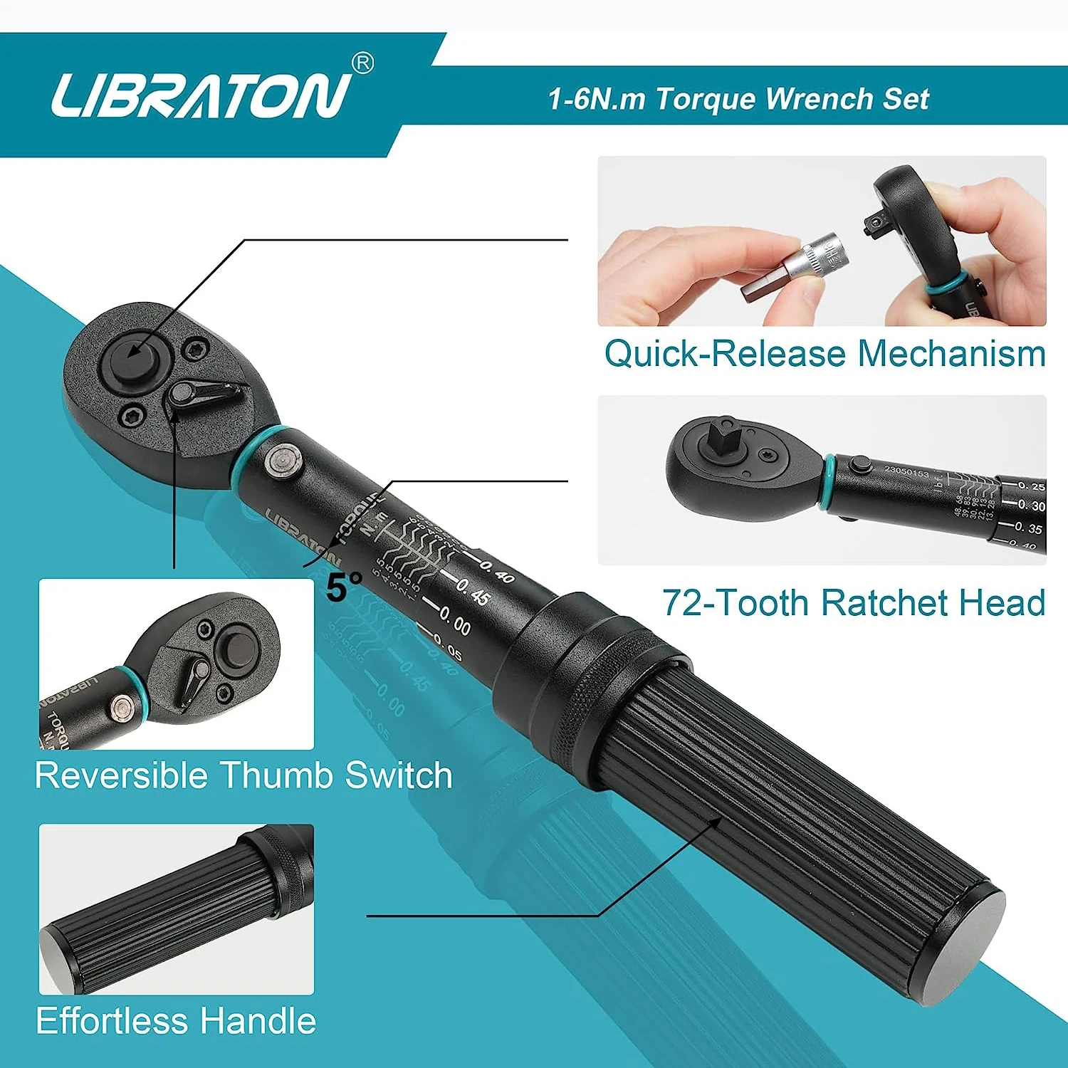 LIBRATON Bike Torque Wrench 1/4\'\',1-6Nm,0.05Nm Micro, Torque Wrench, Hex, Torx/Star Bit Sockets, Bicycle Maintenance Kit