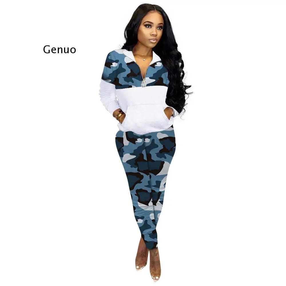 Camouflage Panelled Fitness 2 Piece Set Women Clothes Long Sleeve Zipper Front Pockets Hoodie   Straight Pants Fleece Tracksuits