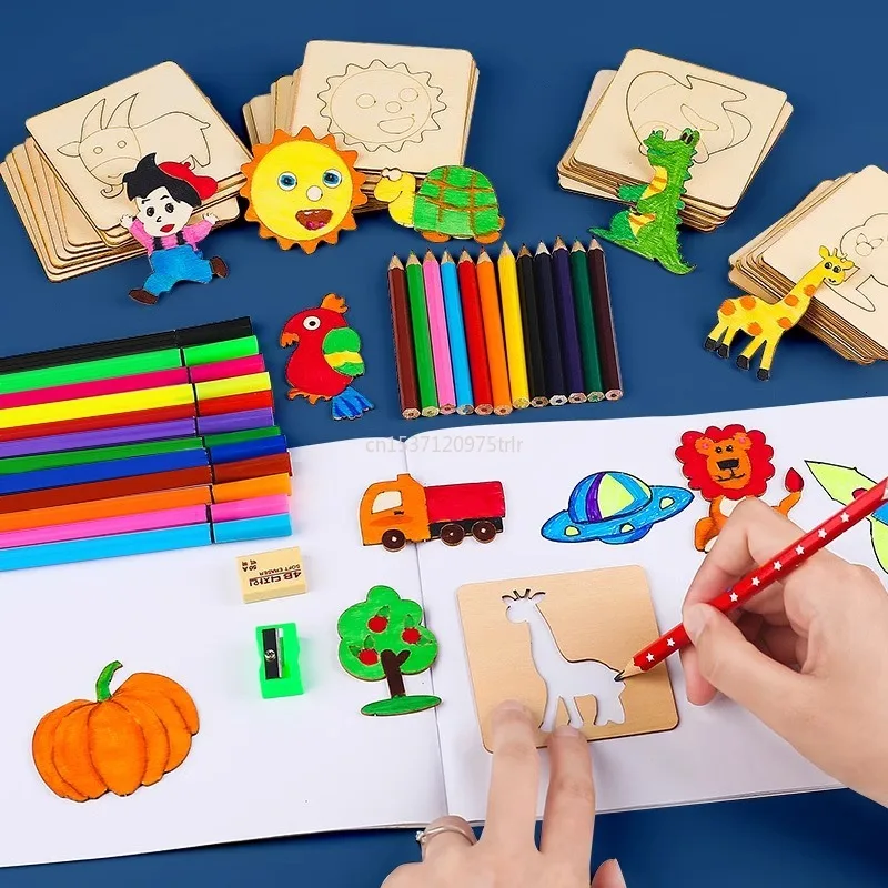 20/32Pcs Montessori Kids Drawing Toys Wooden DIY Painting Template Stencils Learning Educational Toys for Children Gifts