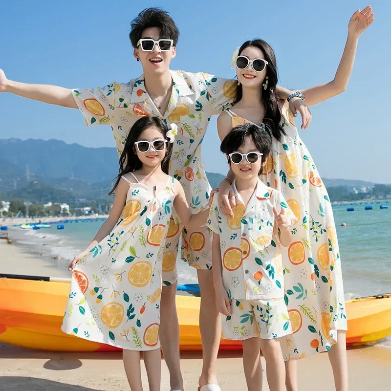 Vacation Look Family Matching Couple Clothes Korean Mom and Daughter Resort Dress Dad and Son Tops + Shorts 2 Piece Outfits Sets