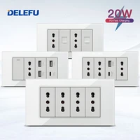 DELEFU Panel de vidrio SC70 145mm blanco italiano estándar USB tipo C interruptor de enchufe de pared de carga rápida TV teléfono CAT5 CAT6