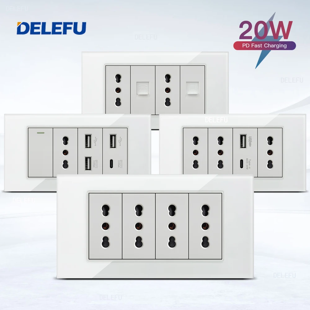 DELEFU Glass SC70 Panel 145mm White Italian Standard USB C-type Fast Charging Wall Socket Switch TV Telephone CAT5 CAT6