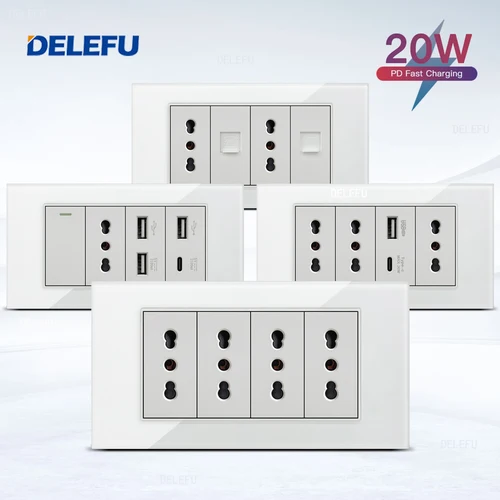 DELEFU Panel de vidrio SC70 145mm blanco italiano estándar USB tipo C interruptor de enchufe de pared de carga rápida TV teléfono CAT5 CAT6