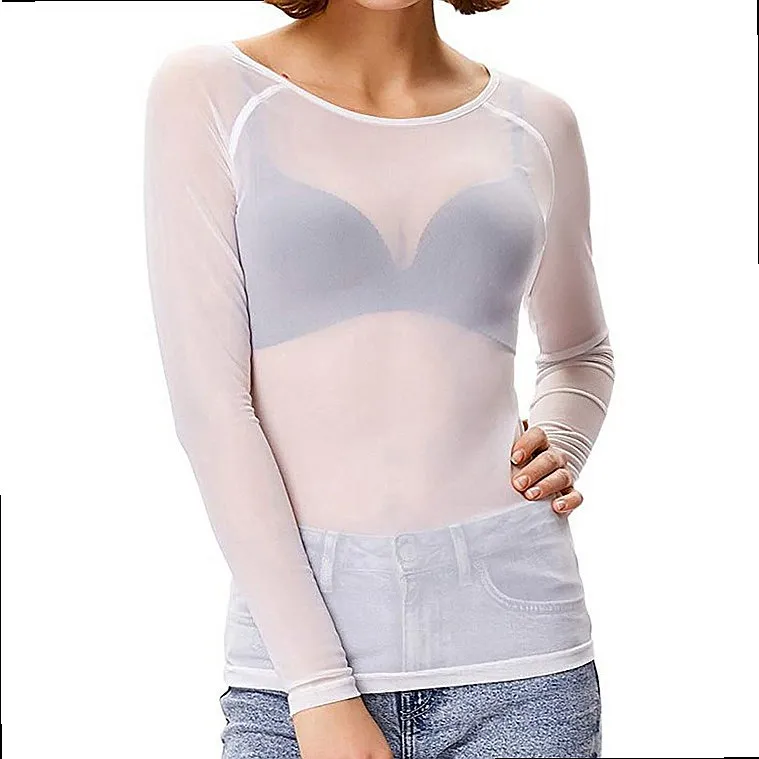 Women Mesh Top Sleeved Sheer Tops Stretch See Through Blouse Tee Base Layer Spring Summer