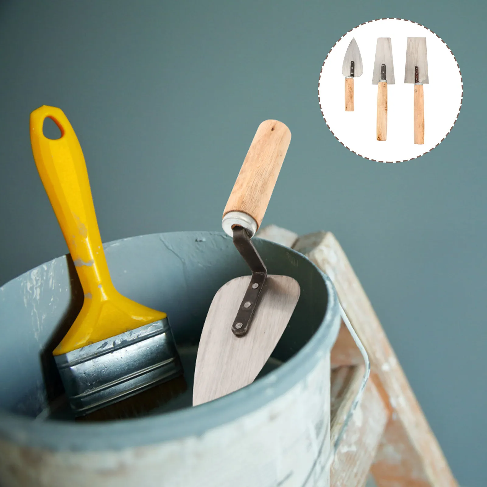 1Set Wooden Cement Plaster Trowel Set For Cement Plastering Tiler Gauging Stainless Steel Putty Cutter Kit Handle