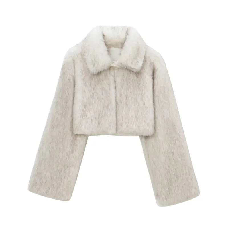 TRAF Women Imitation Mink Fur Jacket for Autumn Long Sleeved Casual High Street Short Jacket Button Decoration Jacket