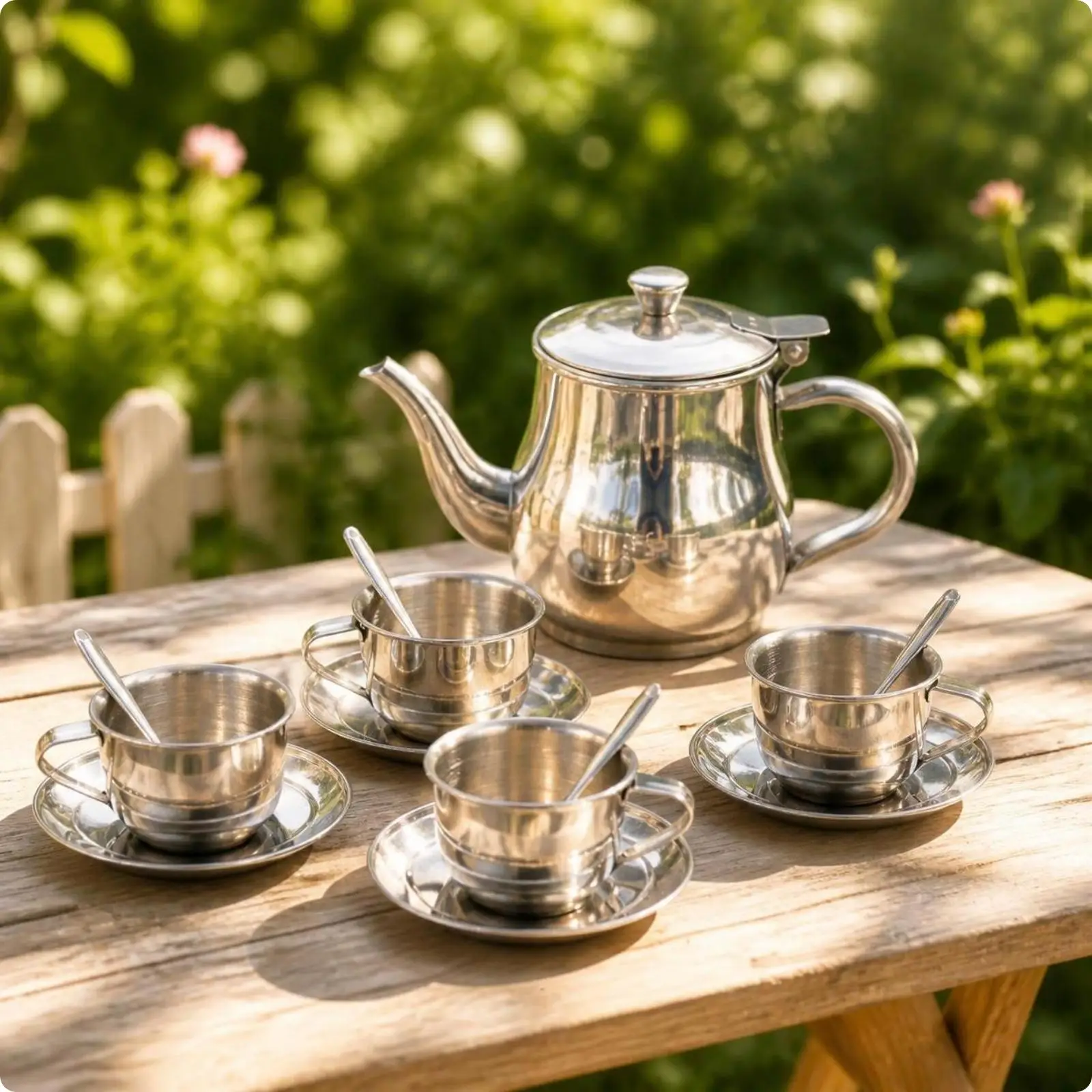Fabric Toy Tea Set for Toddlers Stainless Steel Teapot Cups Saucers Spoons for Realistic Pretend Tea Party Experience