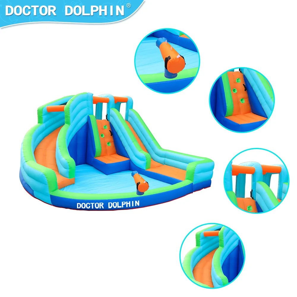 Doctor Dolphin tobogán acuático inflable al aire libre castillo saltador combinación de casa de rebote de pulverización de agua inflable al aire libre con soplador
