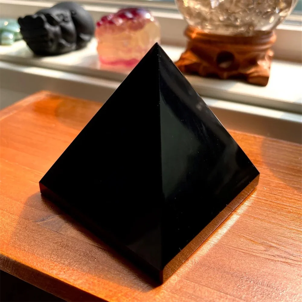 Natural Obsidian Pyramid Reiki Energy Stone Decorative Tabletop Decoration Living Room Mineral Triangle Black Crystal Dots