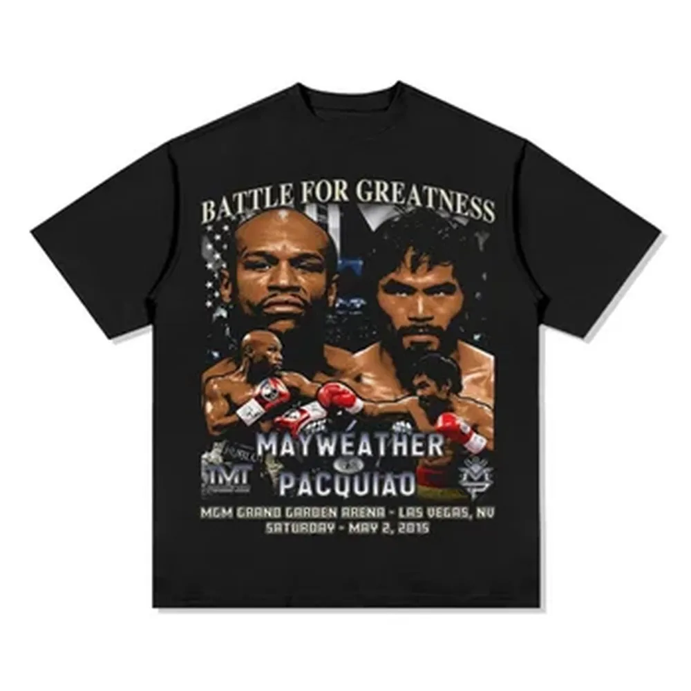 Camiseta de algodón de boxeo de gran tamaño con diseño de la batalla entre Mayweather y Pacquiao 2015, estilo vintage, para hombre y mujer, ropa urbana