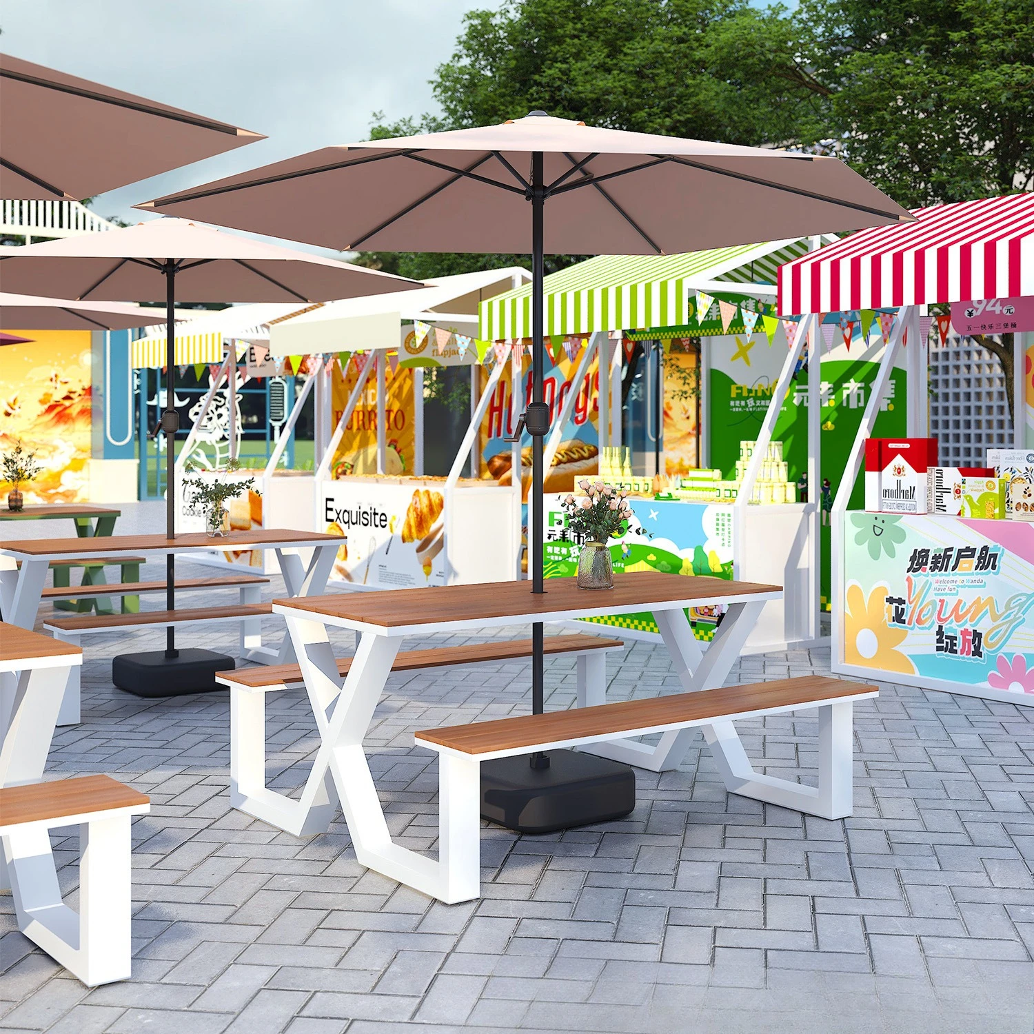 Outdoor table and chair set with umbrella, simple combination, courtyard park, milk tea barbecue shop, cafe, one-piece dining