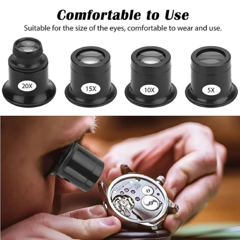 4PCS Eye Loupe Jeweler Watch Magnifier Tool 5X 10X 15X 20X Monocular Watch Repair Loupe Magnifier Set Watchmaker Mag. Glass