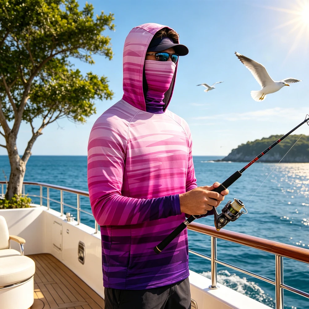 

Men Long Sleeve Shirt With Face Mask UPF50 UV Protection Quick Dry Lightweight Fishing Hooded Top for Fishing Hiking Camping
