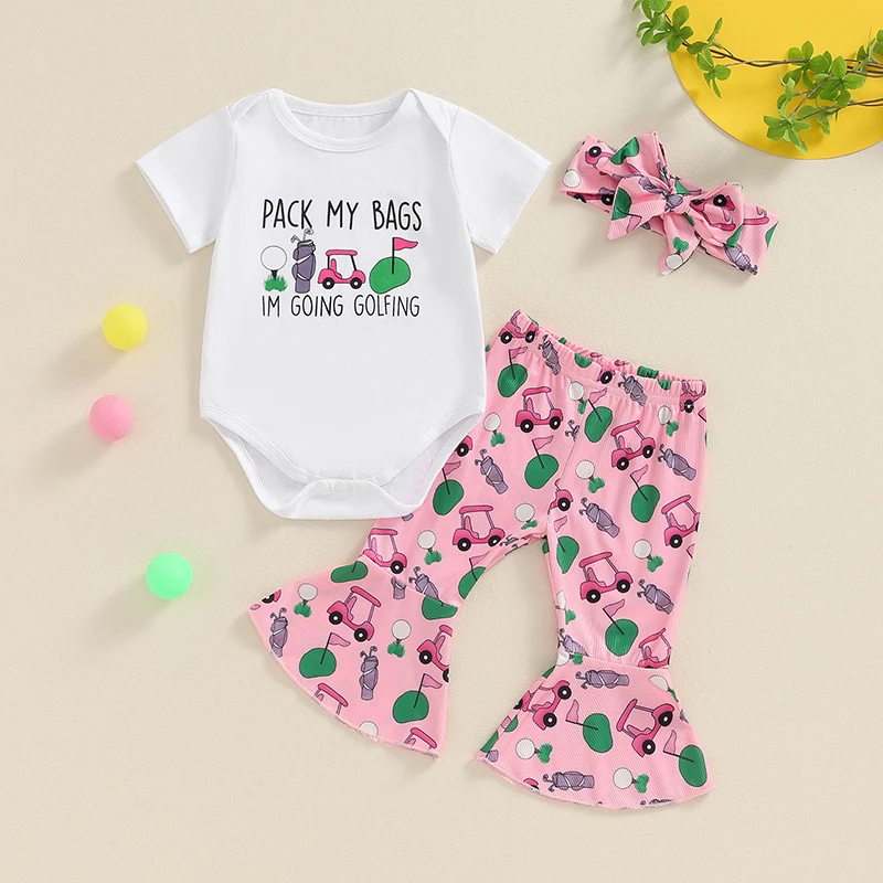 

Toddler Baby Girls Summer Outfit Short Sleeve Letters Print Romper with Golf Cart Print Flare Pants and Headband Set