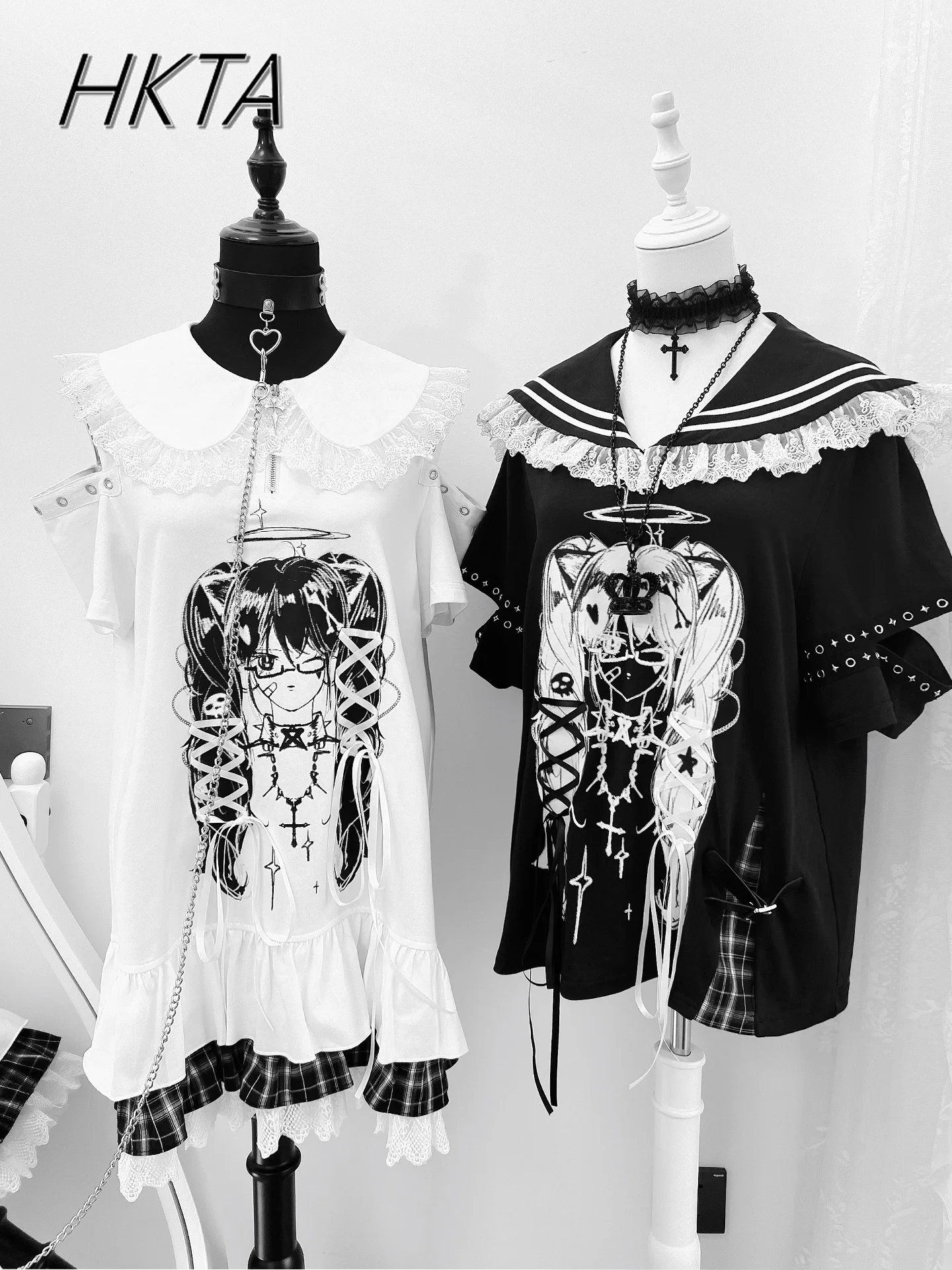 Robe blanche imprimée à bretelles dénudées pour filles, Style sous-culture, col de poupée doux et Cool, Patchwork, t-shirt Long pour femmes, nouvelle collection