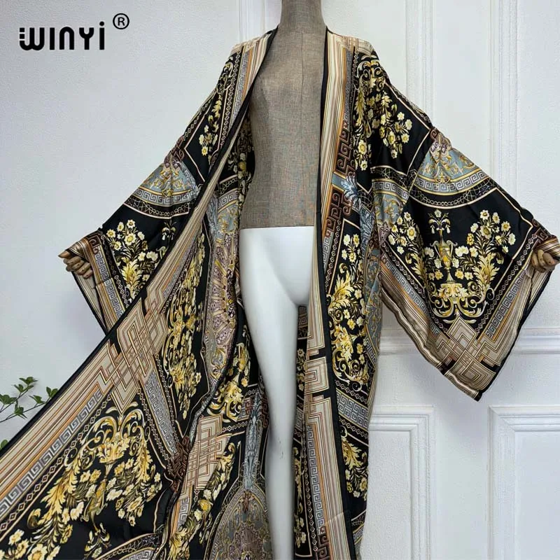 WINYI Kimono kobiety lato nowy nadruk sweter z długim rękawem bluzka damska luźna abaja Casual okrycie plażowe sukienka boho imprezę kaftan