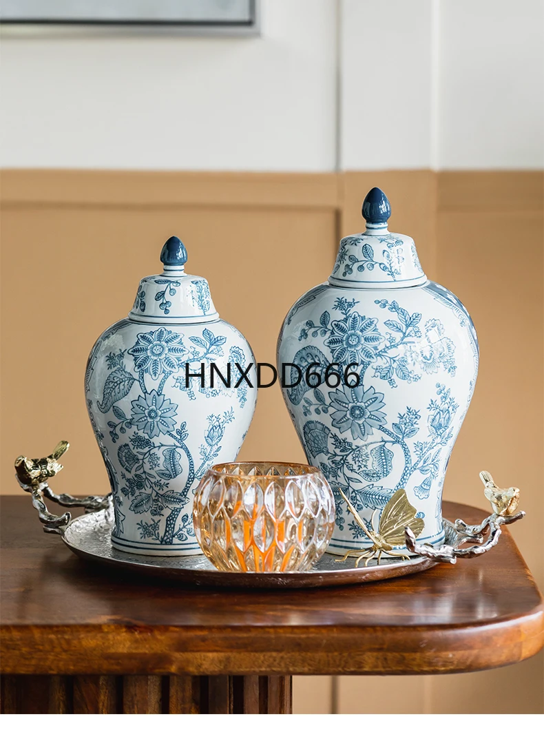 جرة سيراميك عامة، غطاء زجاجة من البورسلين الأزرق والأبيض، جرة تخزين مزهرية