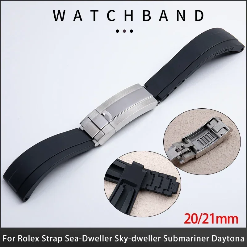 20/21mm Soft Black Rubber Watchband For Rolex Strap DAYTONA SUBMARINER GMT YachtMaster OYSTERFLEX Datejust Glidelock Wristband