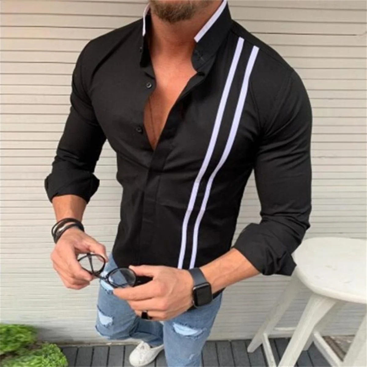 Spring And Autumn, Men\'s Fashion New Business Casual Solid Color Long Sleeve Stand Collar Striped Comfortable Top Shirt