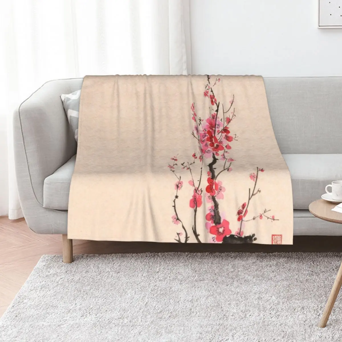 Japanese sumi-e ink painting of an iconic plum blossom branch with red flowers on beige background art print Throw Blanket