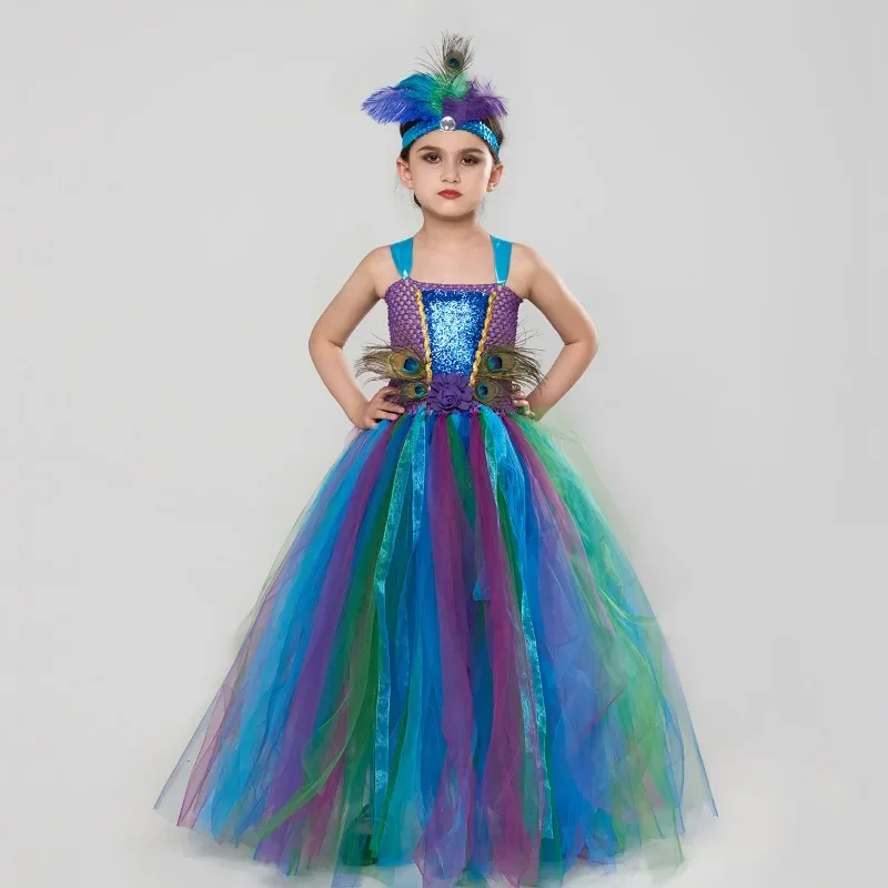 

Fancy Peacock Feather Girl Pageant Tutu Dress with Headband Children Kids Birthday Party Wedding Ball Gowns Trailing Tulle Dress