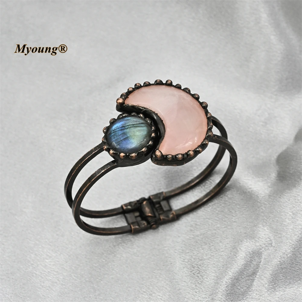 

5PCS Soldered Natural Rose Quartzs Crystal Labradorite Sun Moon Vintage Cuff Bracelet Open Bangle For Women MY231228