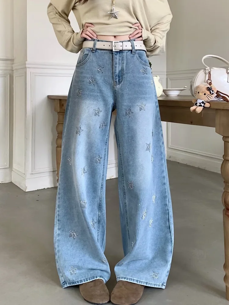 2026 Gothic Y2K Style Star Hot Fix Rhinestone Washed Blue Baggy Women's Jeans Pants For Woman Clothing Straight Denim Trousers