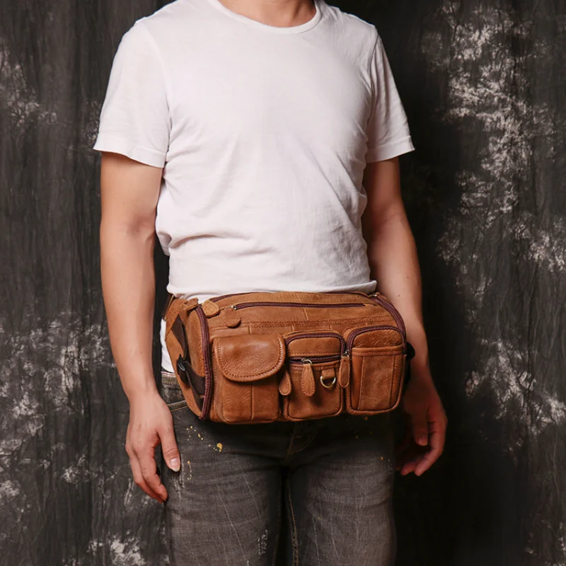 

Men's genuine leather chest bag, women's frosted leather waist bag, outdoor sports shoulder bag, multifunctional crossbody bag