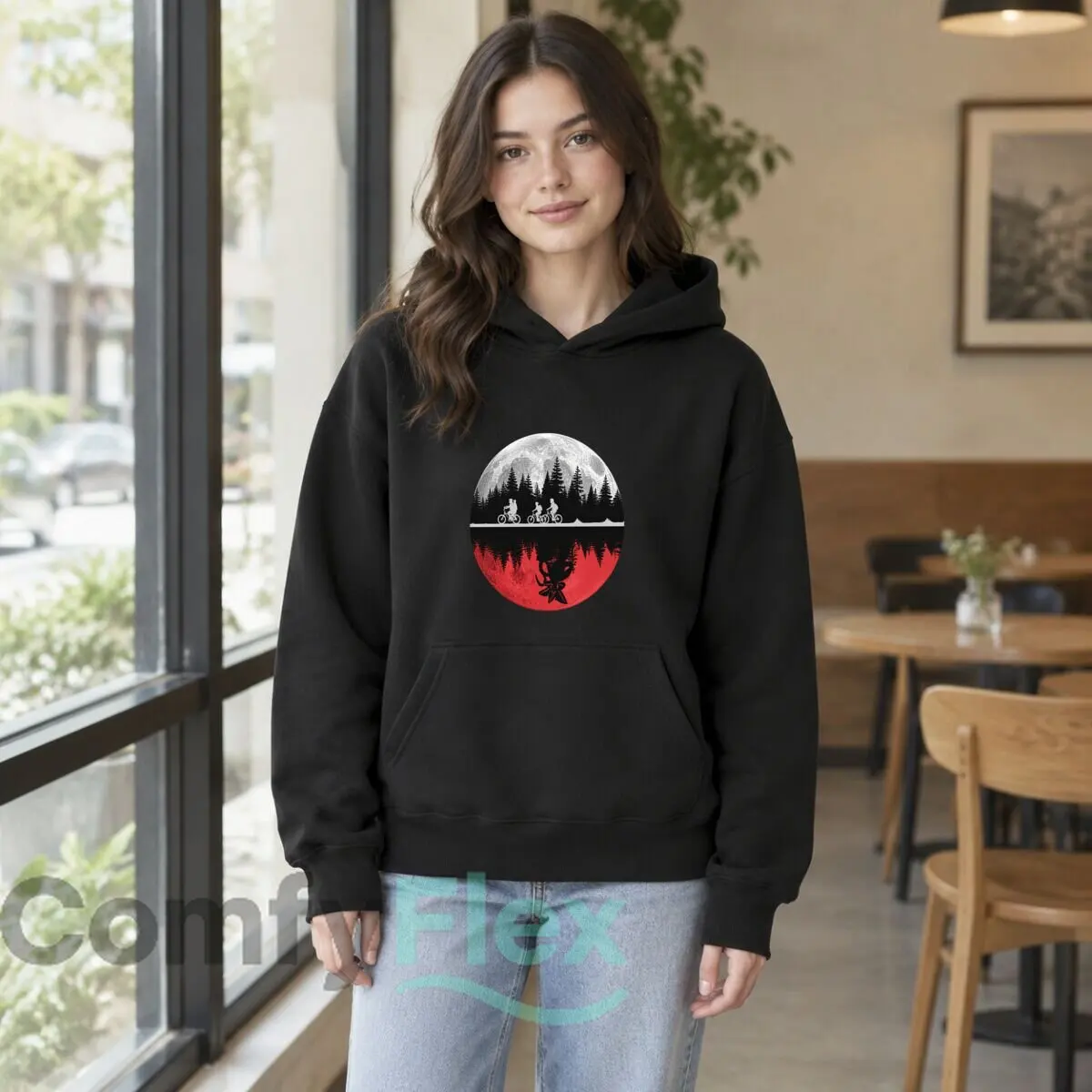 Three Cyclists Forest Moon Red Reflection Graphic Autumn and winter new men's and women's hooded sweatshirts