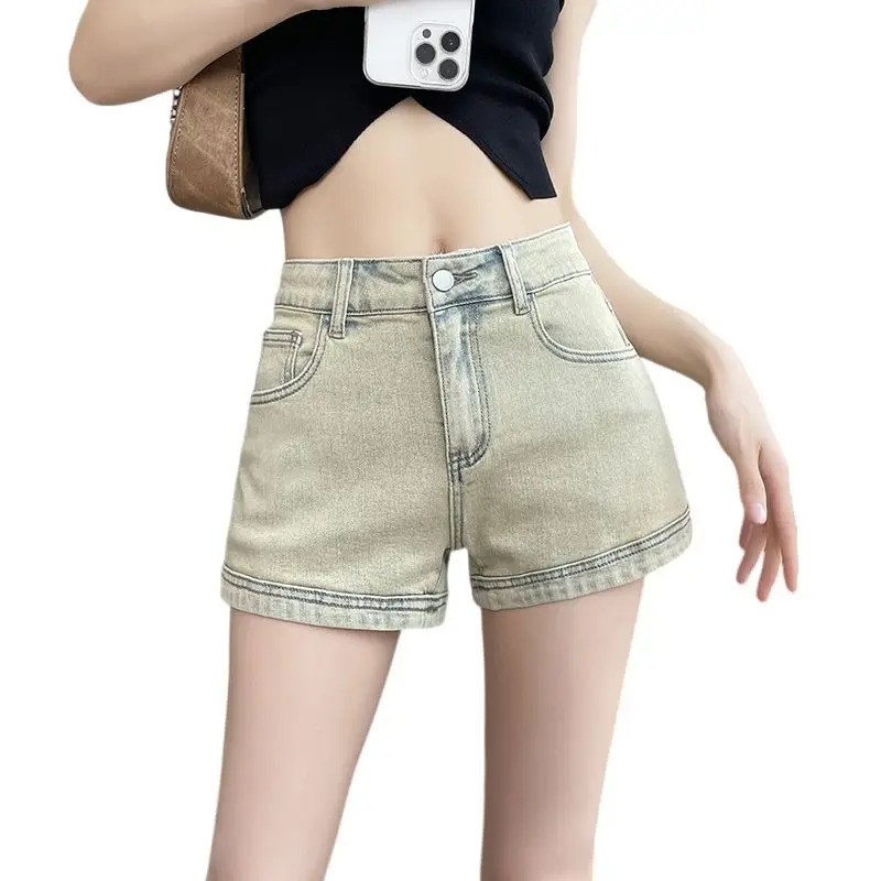 Nuovi pantaloncini di jeans da donna ultra corti a vita alta elasticizzati skinny a trapezio che allungano le gambe