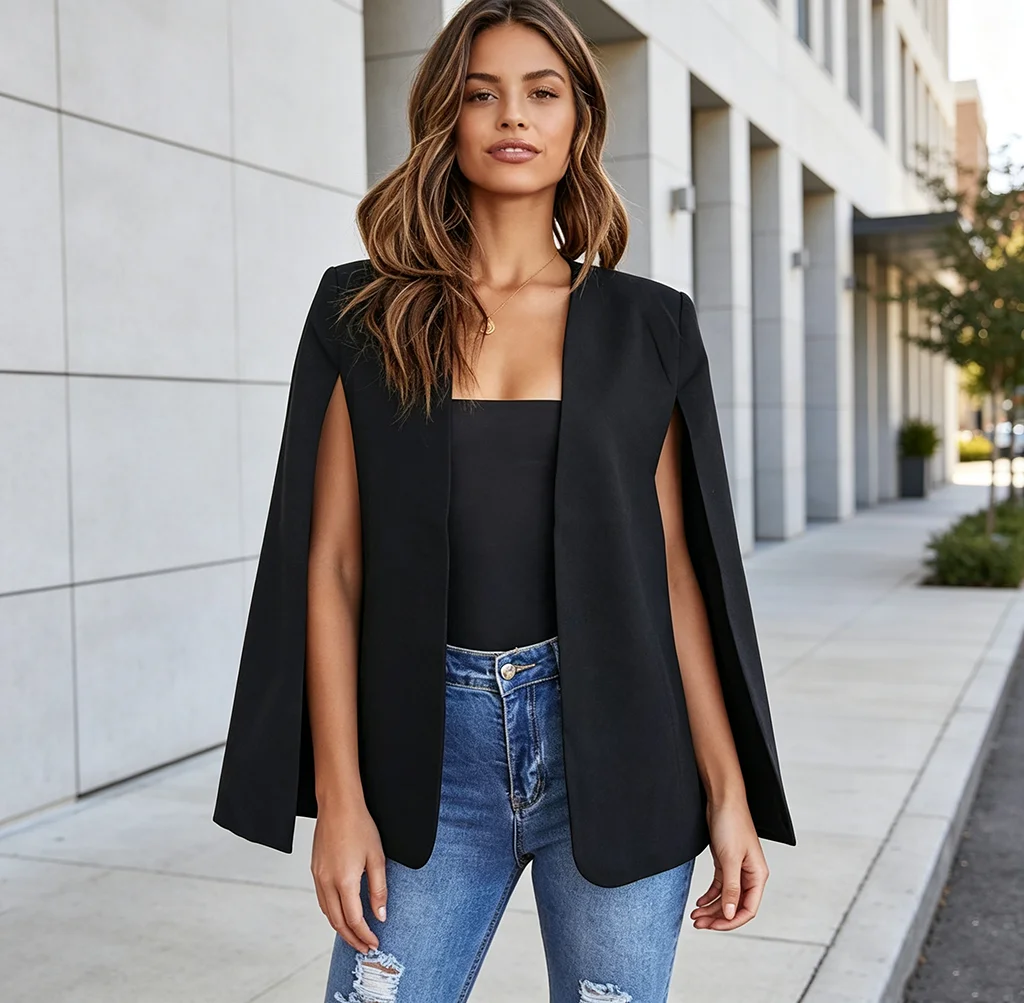 European-style women's cape-style blazer, loose V-neck cardigan, casual professional cape-style jacket
