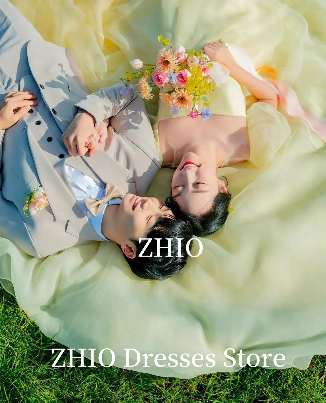 ZHIO Abito da sposa giallo A-Line Lunghezza pavimento Illusion Maniche corte a sbuffo Abito da sposa Servizio fotografico coreano Personalizzato Elegante