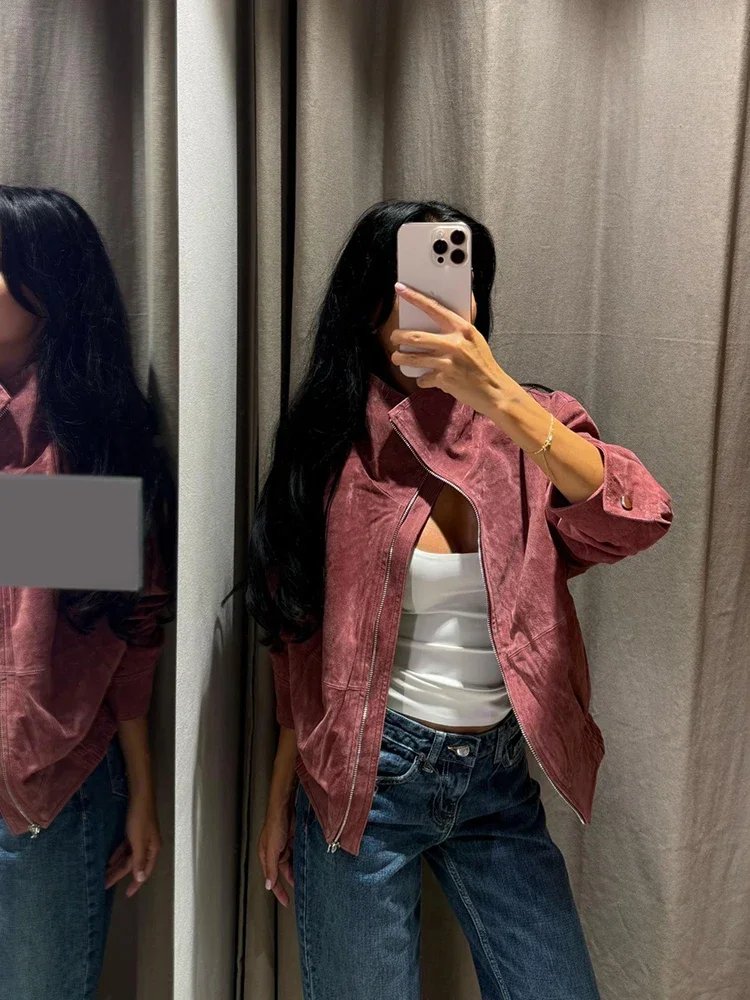 Faux Suede Bomber Jacket Women Zip Up Stand Collar Drop Shoulder Loose Fit Elastic Hem Casual Fall 2026 Dusty Pink