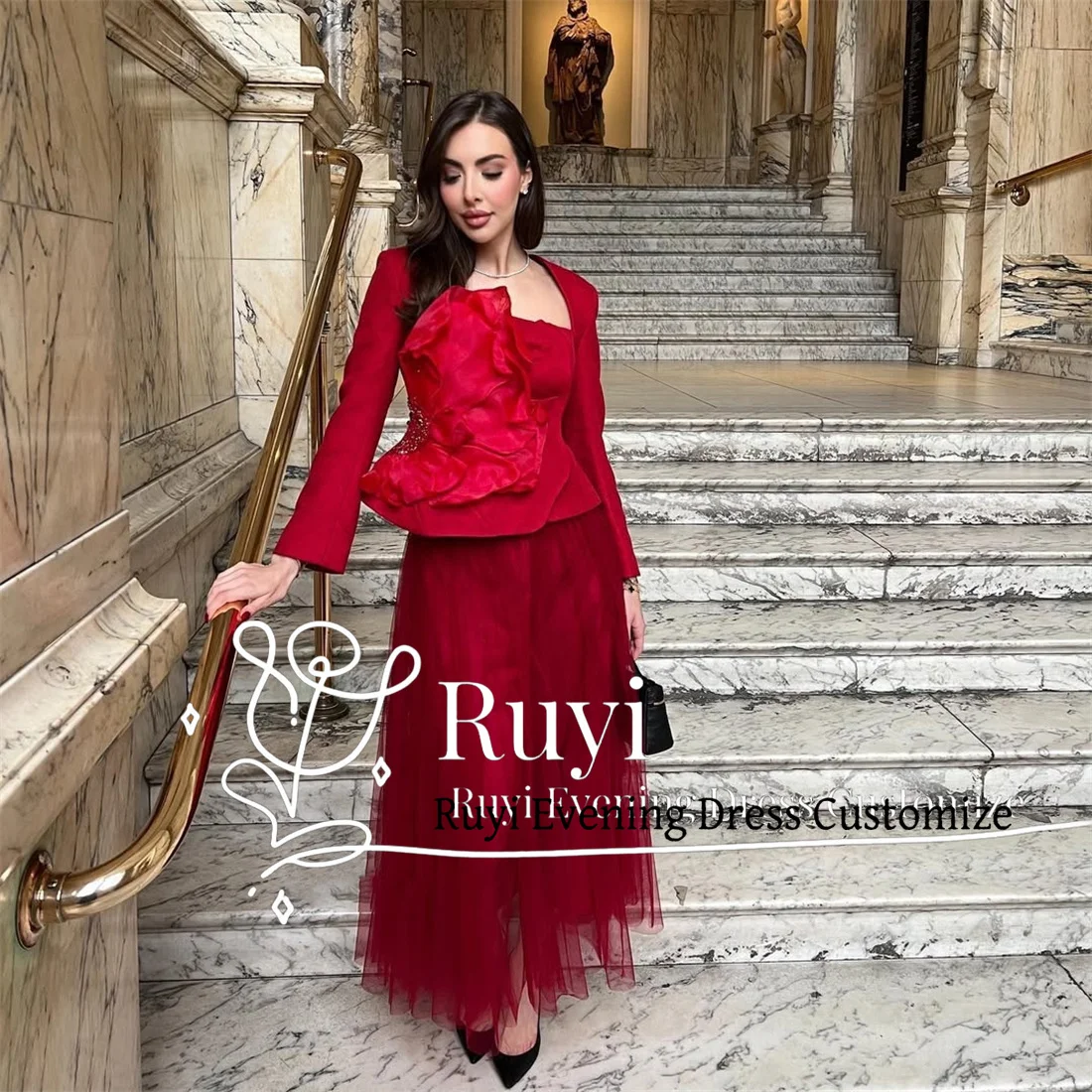 Customized Red Flower Crystal Suits Formal Prom Dress Long Sleeves Tulle A-line Elegant Women Formal Occasion Evening Dress