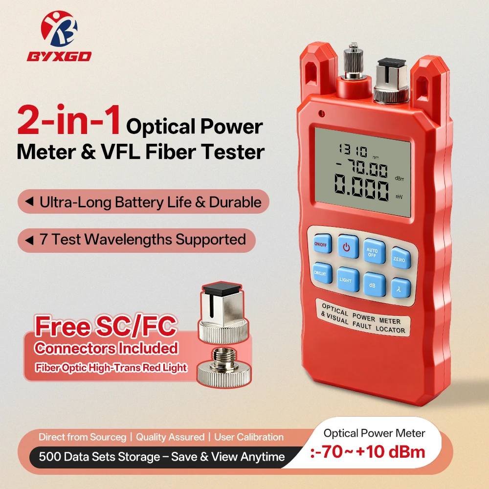 

Оптический измеритель мощности BYXGD 2-в-1 с VFL, тестер оптоволокна -70~+10 дБм, 7 длин волн, совместимость с SC/FC/ST для обслуживания сетей FTTH