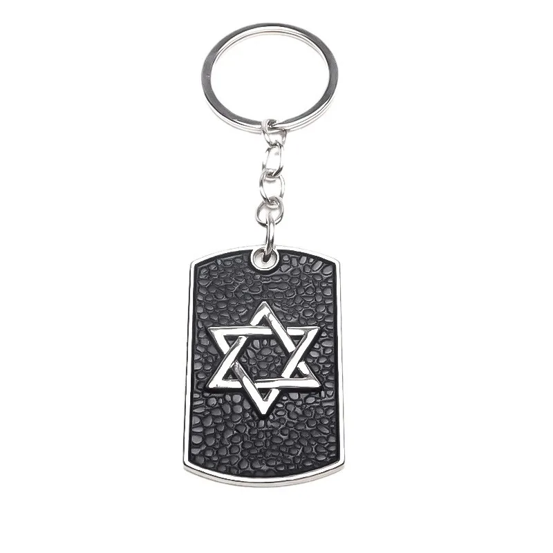 European American Vintage Letter Hexagram Military Tag Keychain Hip Hop Personalized Key Ring Stylish Durable Trendy Accessory